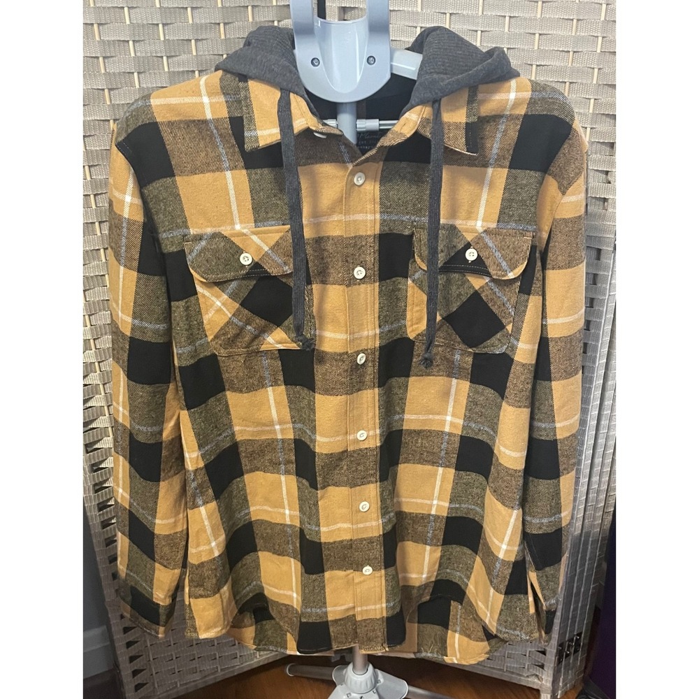 Free Planet Mens XL Hooded Flannel Plaid Cotton 90's Style Shacket Black Yellow
